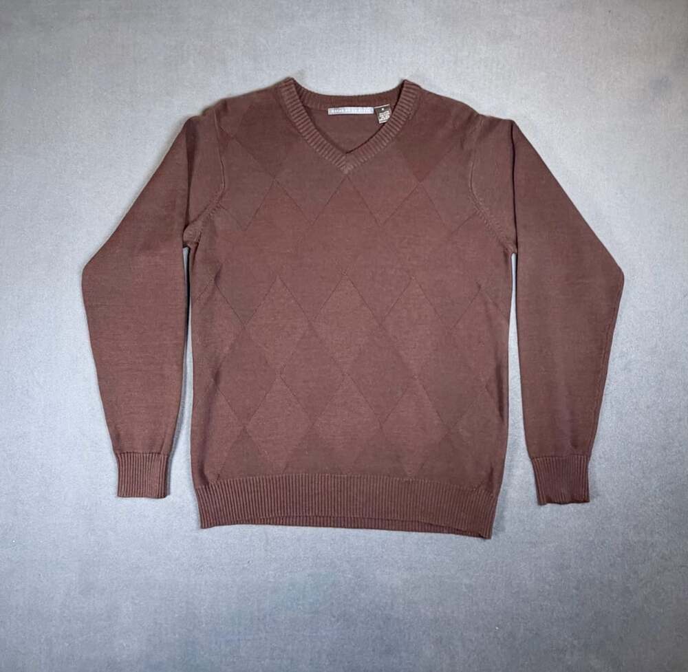 Oscar de la Renta Brown Argyle V Neck Sweater M 100% Cotton Grandpacore